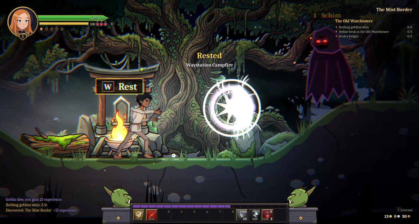 The hero rests at a glowing campfire under a giant tree