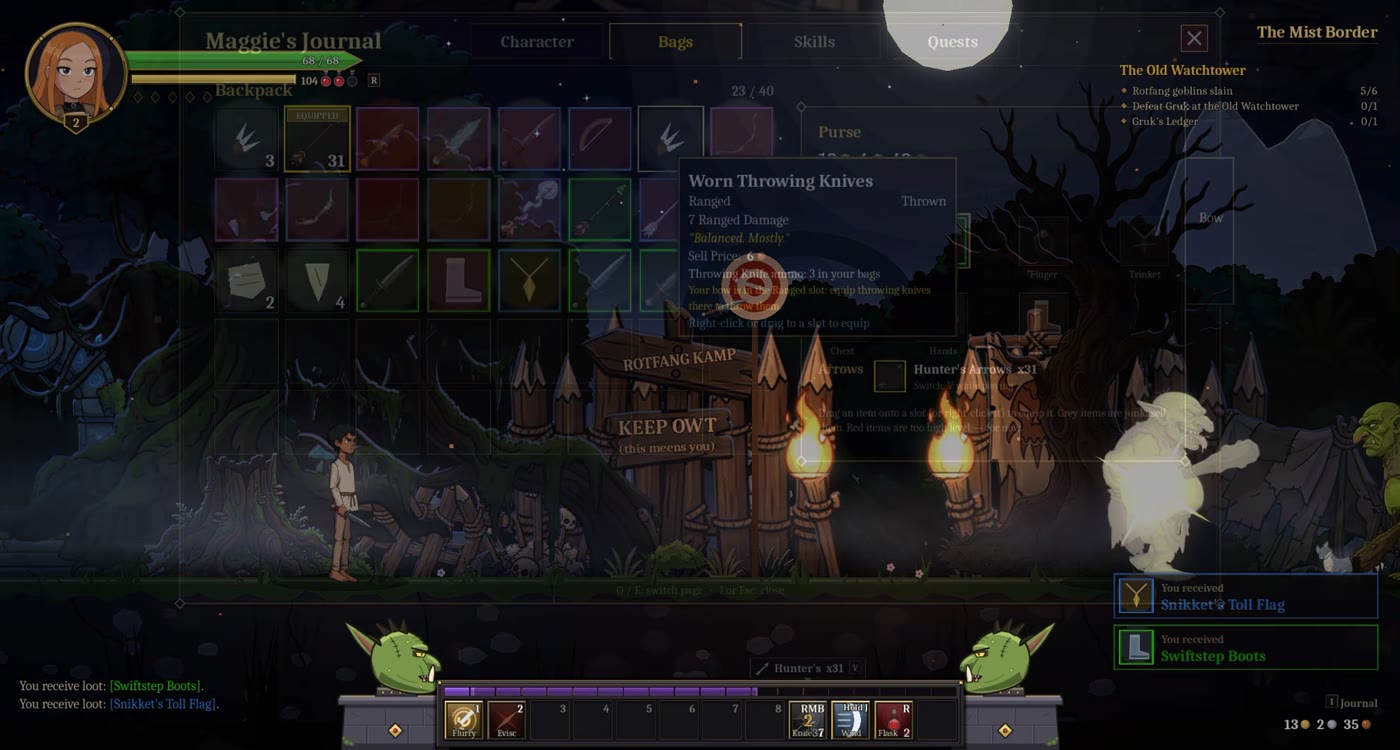The journal with the inventory full of weapons