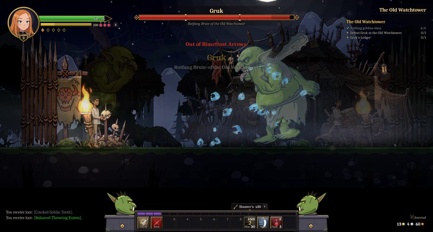 Gruk the goblin brute gets hit by frost arrows