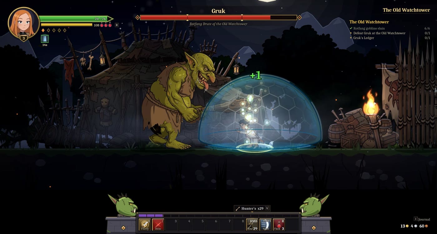 The hero shelters in a glowing shield dome while Gruk attacks